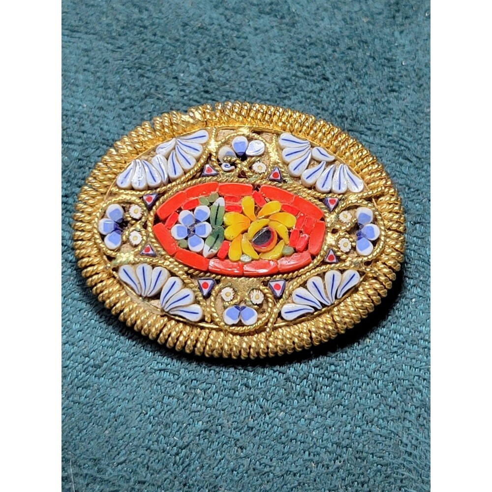 Vintage Italian Micro Mosaic Red Blue " Forget me Not'  Flower Brooch Pin Italy